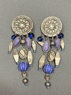 Vintage Bohemian Silver-Tone Dangle Earrings with Purple and Blue Beads
